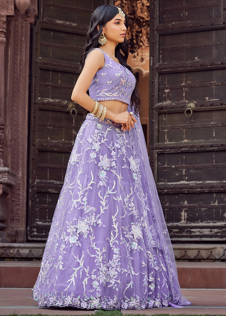 Good Tax Purple Embroidered Net Lehenga Choli with Sequins Work