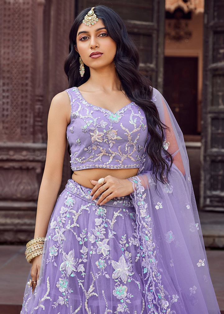 Good Tax Purple Embroidered Net Lehenga Choli with Sequins Work