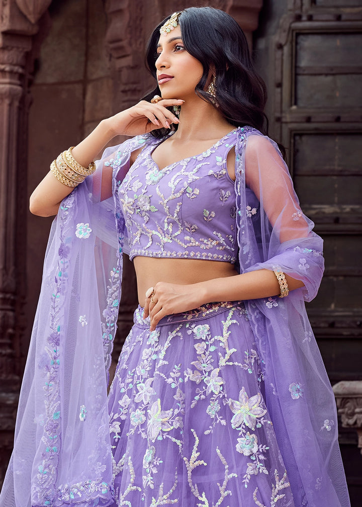 Good Tax Purple Embroidered Net Lehenga Choli with Sequins Work