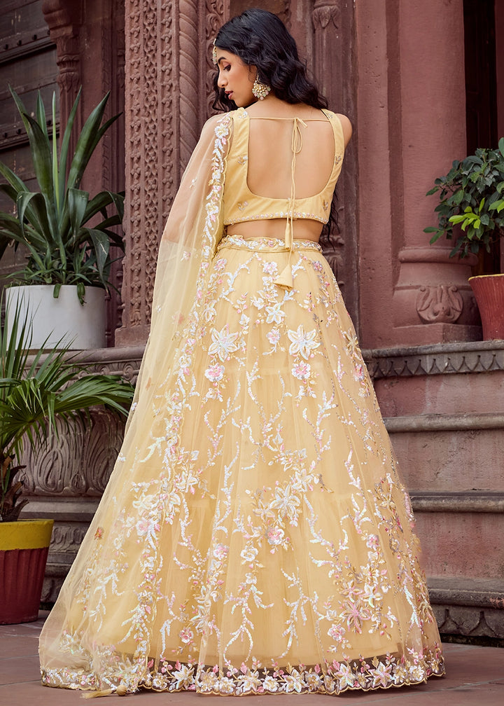 Daffodil Yellow Embroidered Net Lehenga Choli with Sequins Work