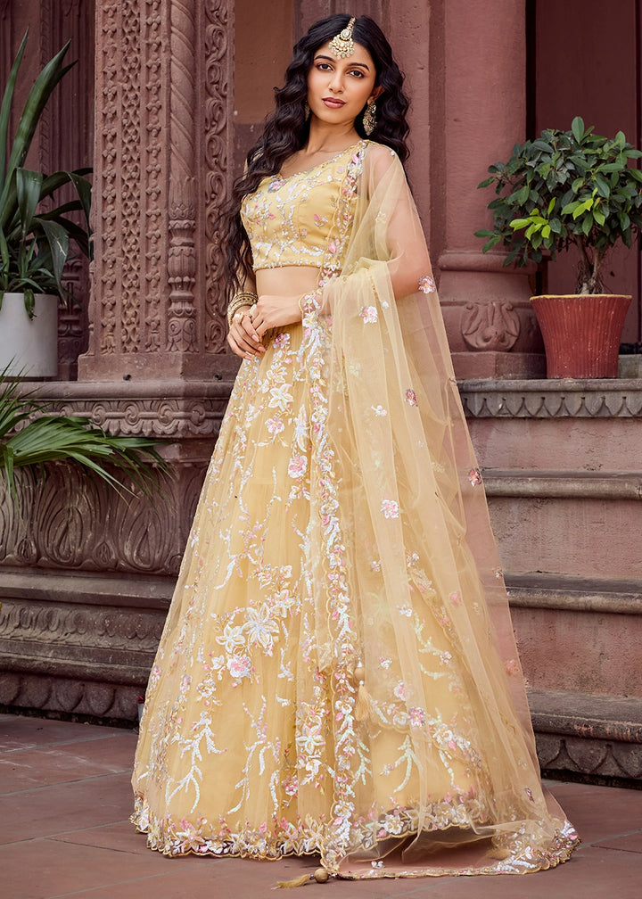 Daffodil Yellow Embroidered Net Lehenga Choli with Sequins Work