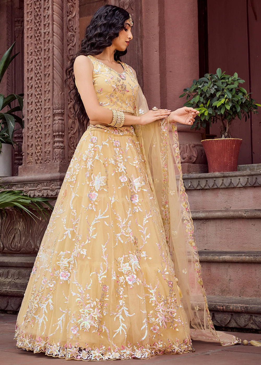 Daffodil Yellow Embroidered Net Lehenga Choli with Sequins Work