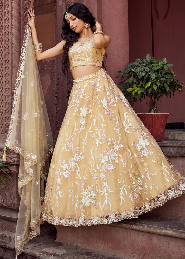 Daffodil Yellow Embroidered Net Lehenga Choli with Sequins Work