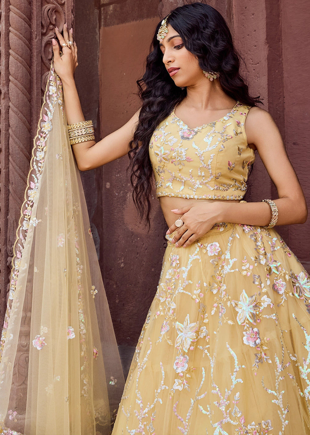 Daffodil Yellow Embroidered Net Lehenga Choli with Sequins Work