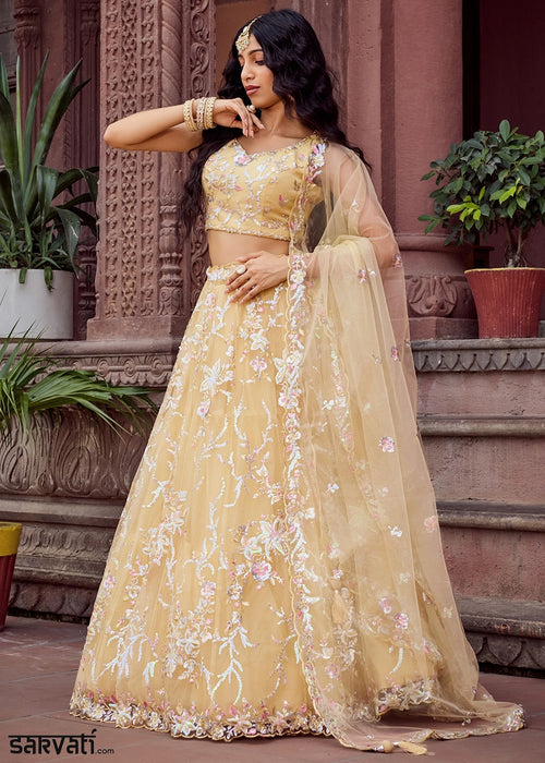 Daffodil Yellow Embroidered Net Lehenga Choli with Sequins Work