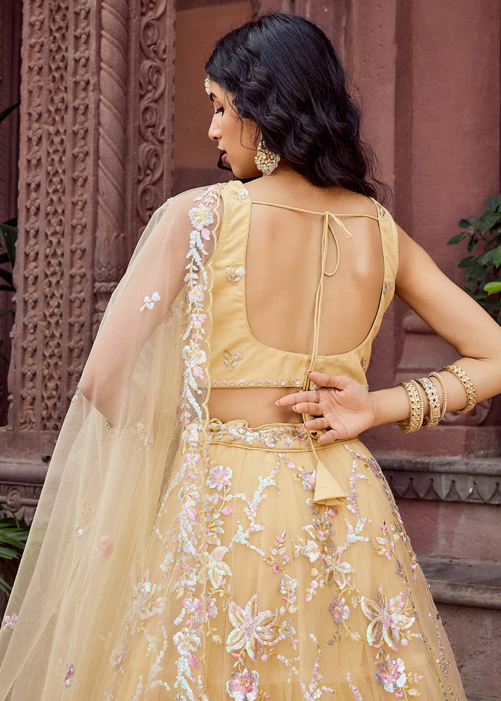 Daffodil Yellow Embroidered Net Lehenga Choli with Sequins Work