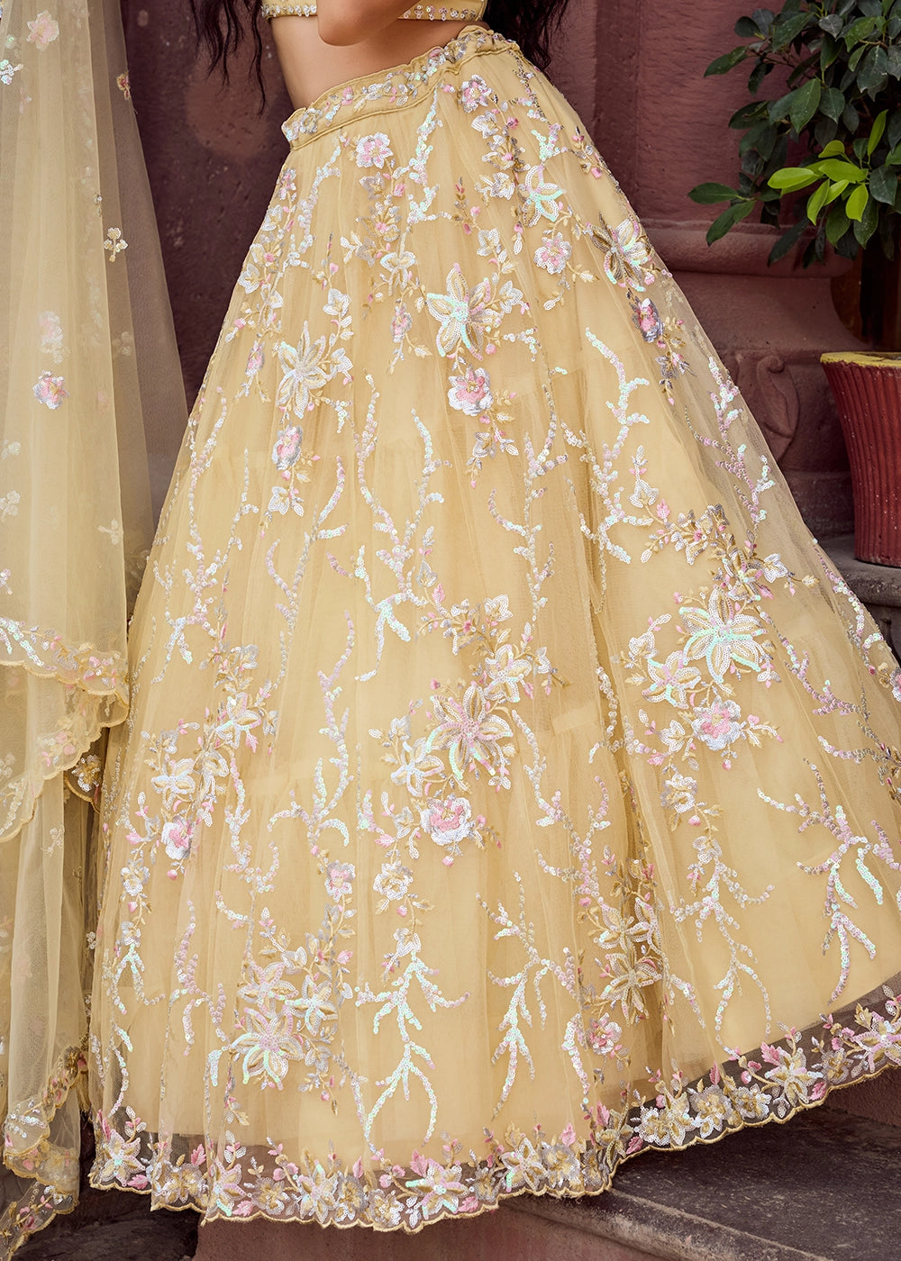 Daffodil Yellow Embroidered Net Lehenga Choli with Sequins Work
