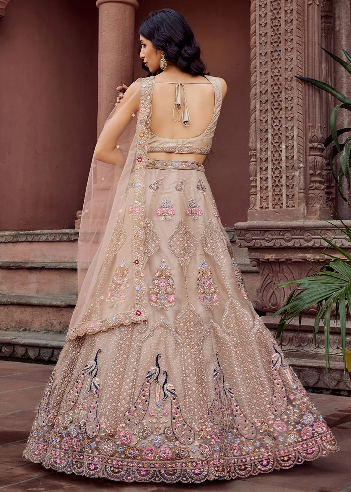 Light Taupe Brown Embroidered Net Lehenga Choli with Sequins Work