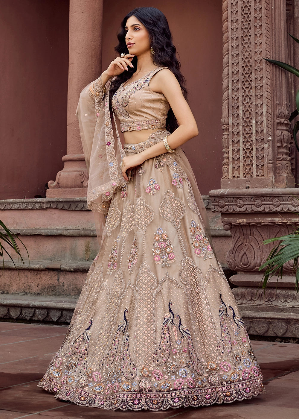 Light Taupe Brown Embroidered Net Lehenga Choli with Sequins Work