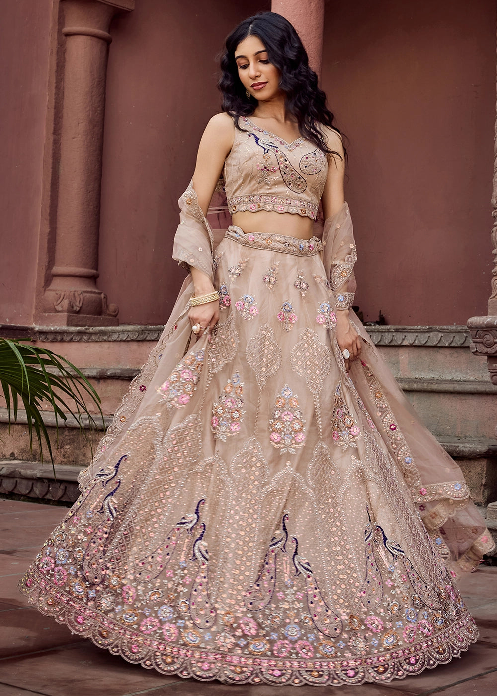 Light Taupe Brown Embroidered Net Lehenga Choli with Sequins Work
