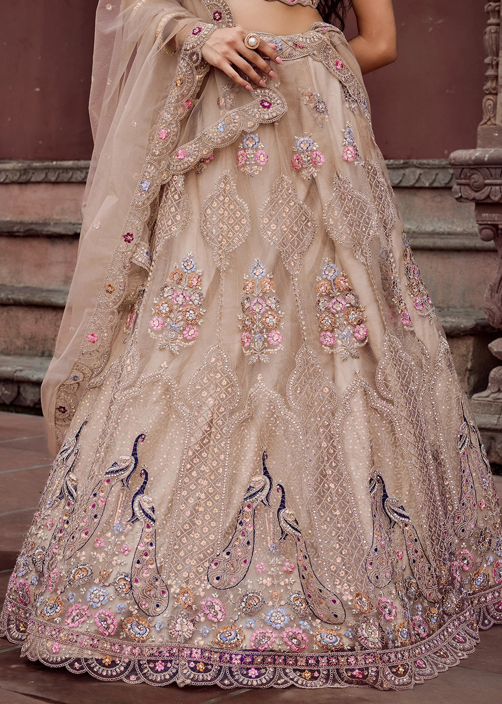 Light Taupe Brown Embroidered Net Lehenga Choli with Sequins Work