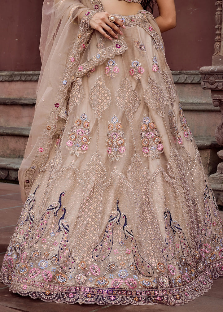 Light Taupe Brown Embroidered Net Lehenga Choli with Sequins Work