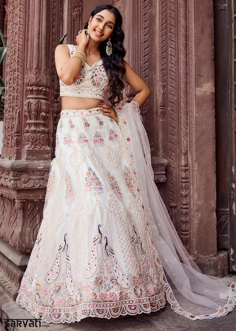 Pearl White Embroidered Net Lehenga Choli with Sequins Work