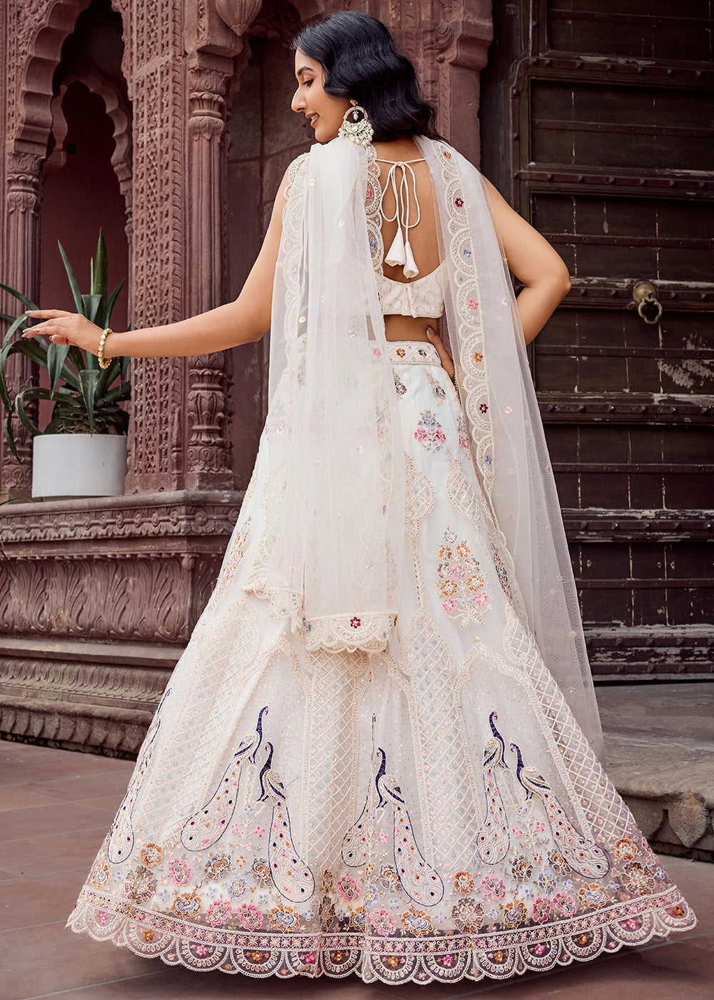 Pearl White Embroidered Net Lehenga Choli with Sequins Work
