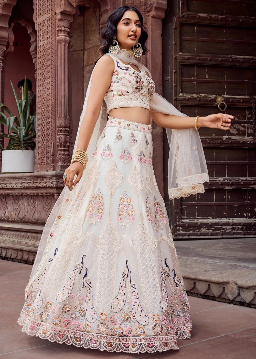 Pearl White Embroidered Net Lehenga Choli with Sequins Work