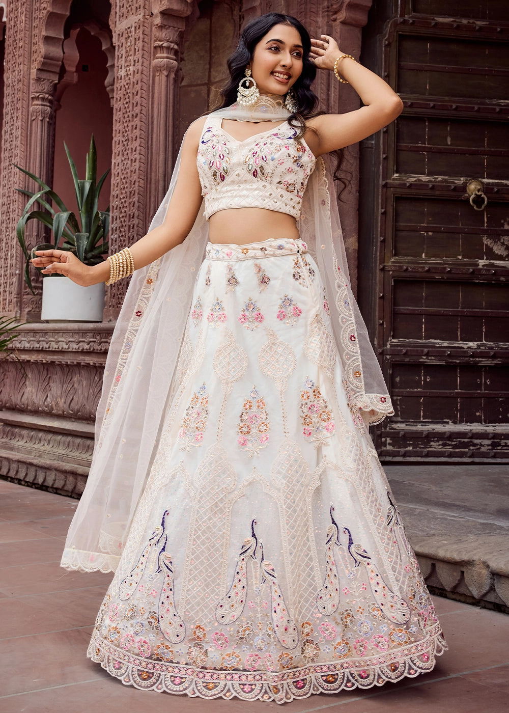 Pearl White Embroidered Net Lehenga Choli with Sequins Work
