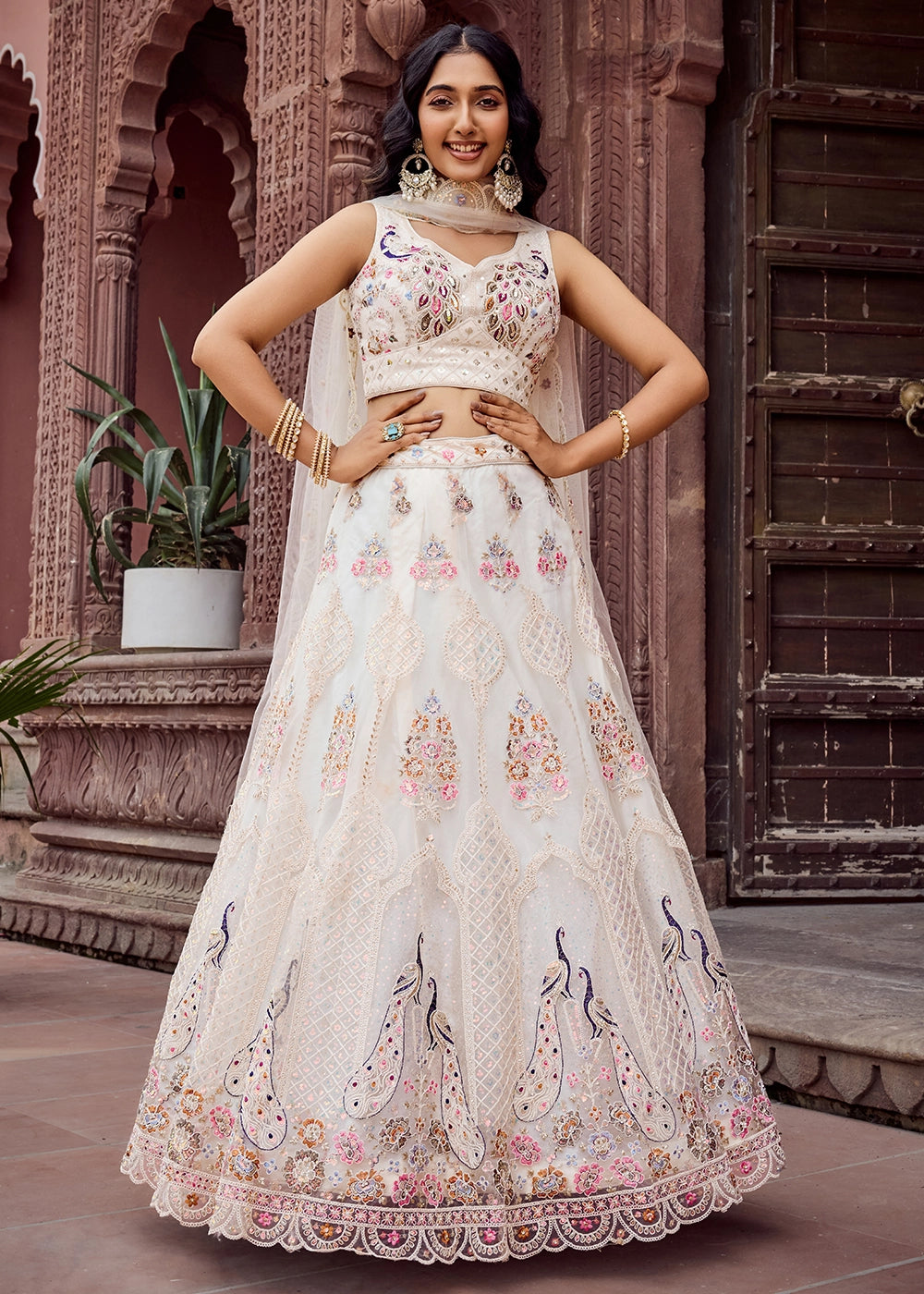 Pearl White Embroidered Net Lehenga Choli with Sequins Work