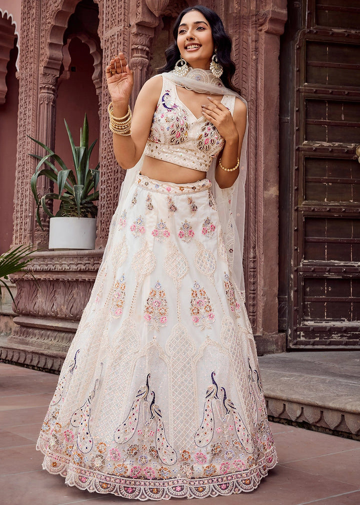 Pearl White Embroidered Net Lehenga Choli with Sequins Work