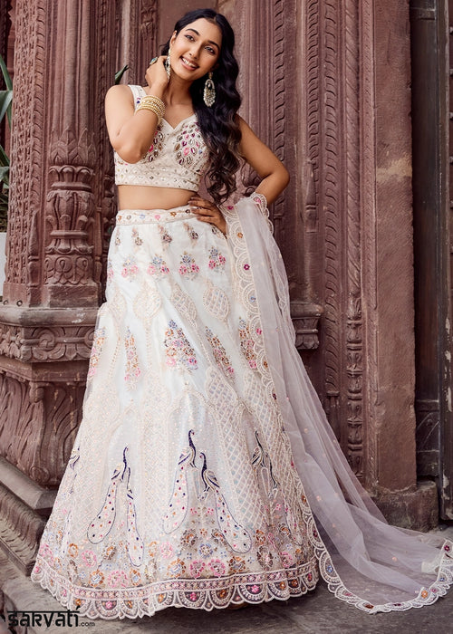 Pearl White Embroidered Net Lehenga Choli with Sequins Work