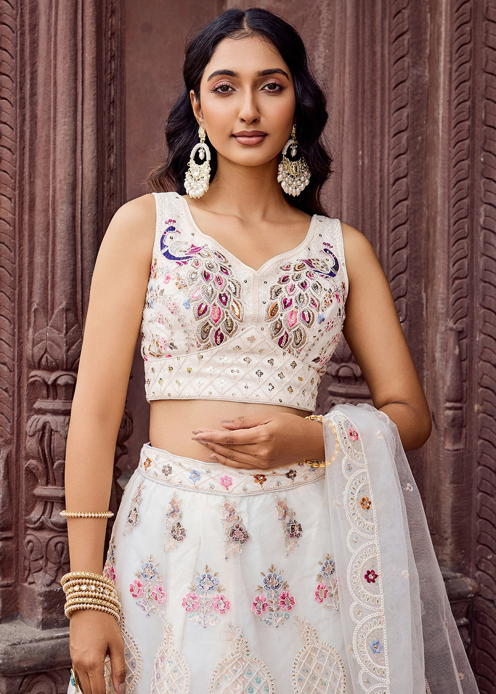 Pearl White Embroidered Net Lehenga Choli with Sequins Work