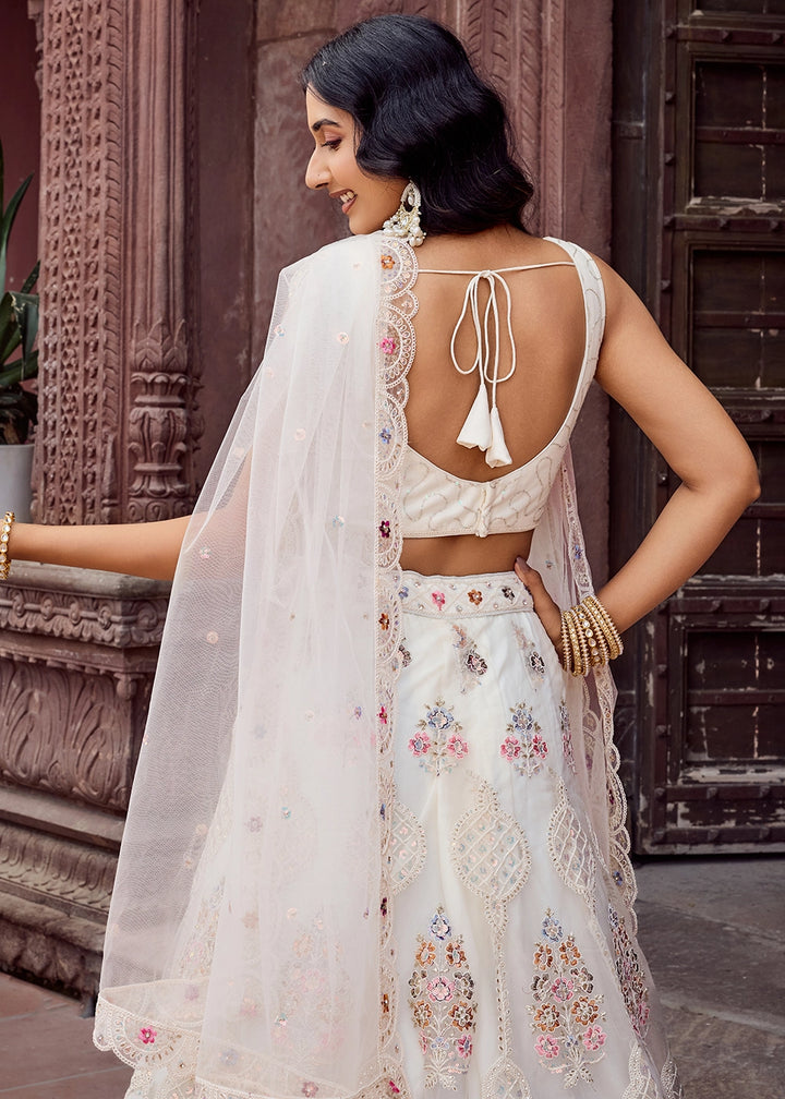 Pearl White Embroidered Net Lehenga Choli with Sequins Work