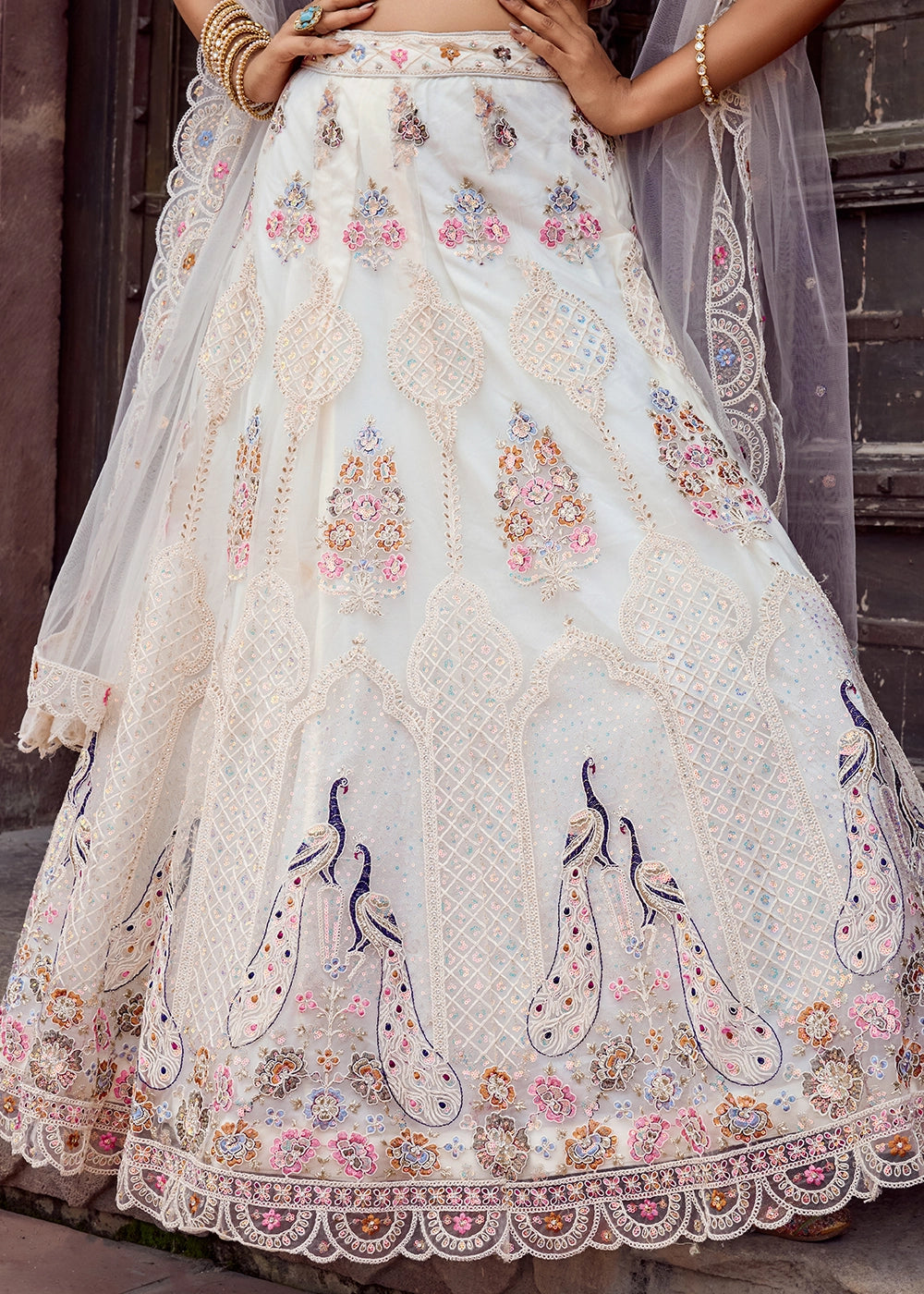 Pearl White Embroidered Net Lehenga Choli with Sequins Work
