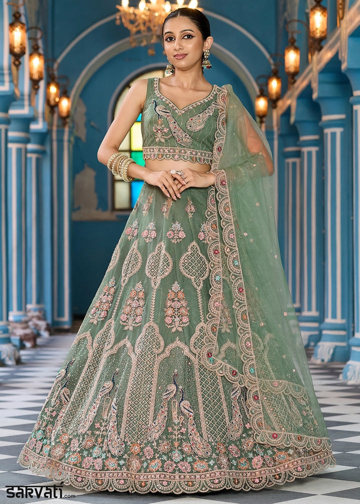 Pickle Green Embroidered Net Lehenga Choli with Sequins Work
