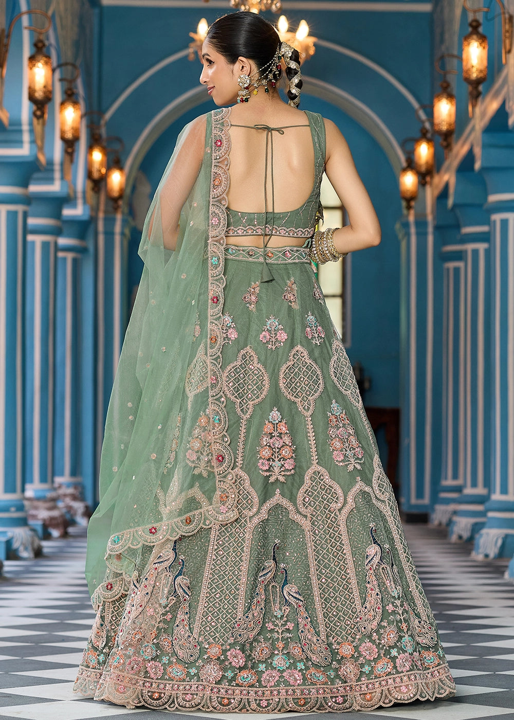 Pickle Green Embroidered Net Lehenga Choli with Sequins Work