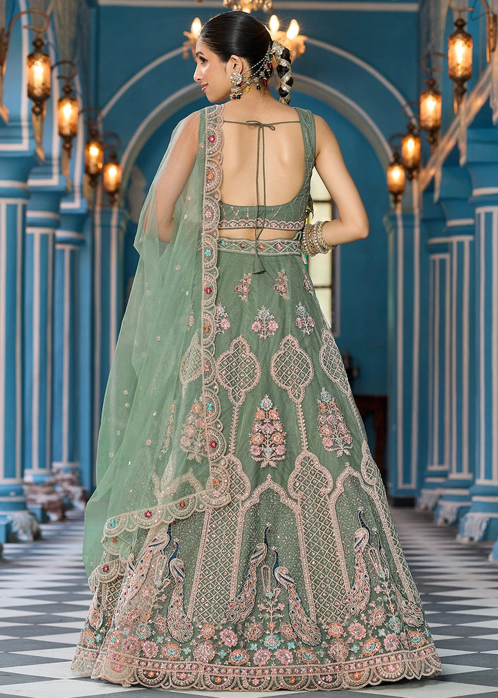 Pickle Green Embroidered Net Lehenga Choli with Sequins Work