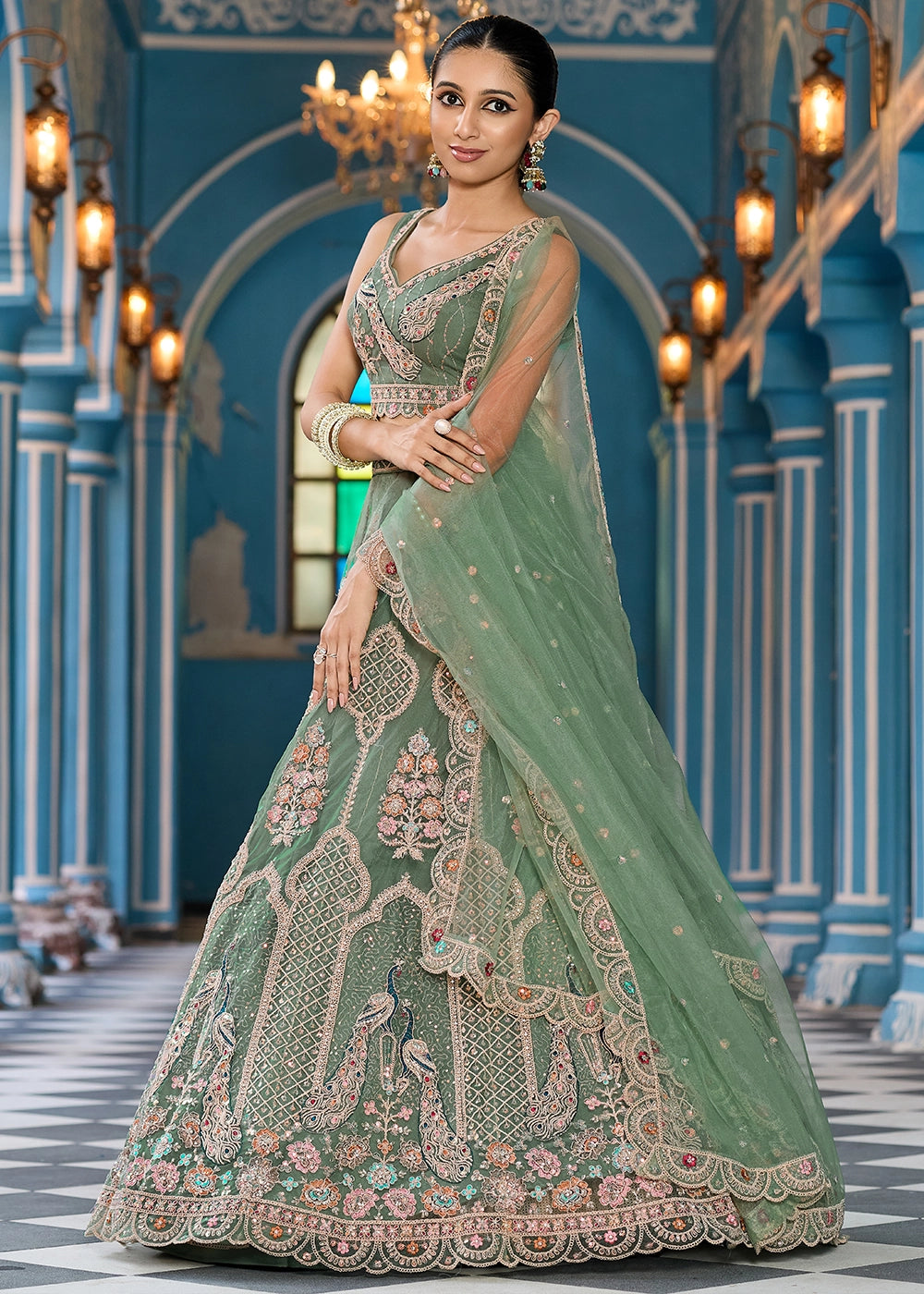 Pickle Green Embroidered Net Lehenga Choli with Sequins Work