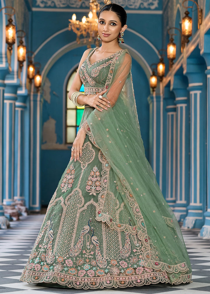 Pickle Green Embroidered Net Lehenga Choli with Sequins Work