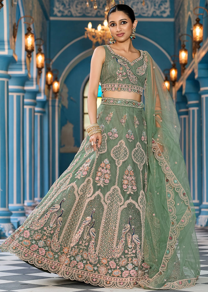 Pickle Green Embroidered Net Lehenga Choli with Sequins Work