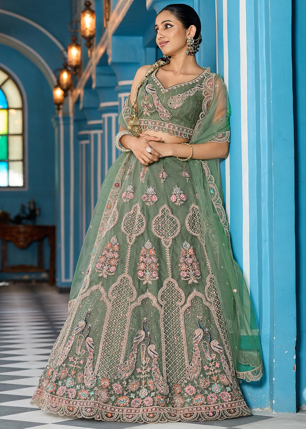 Pickle Green Embroidered Net Lehenga Choli with Sequins Work