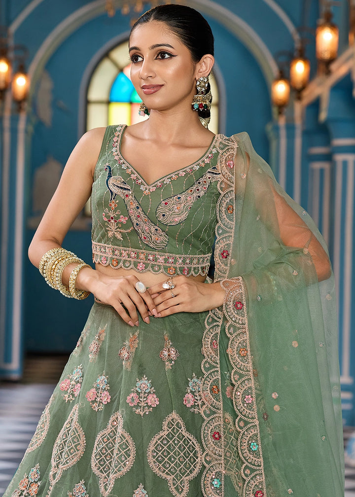 Pickle Green Embroidered Net Lehenga Choli with Sequins Work