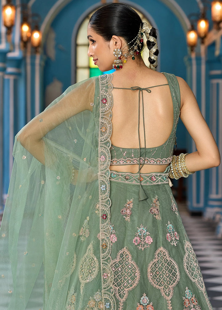 Pickle Green Embroidered Net Lehenga Choli with Sequins Work