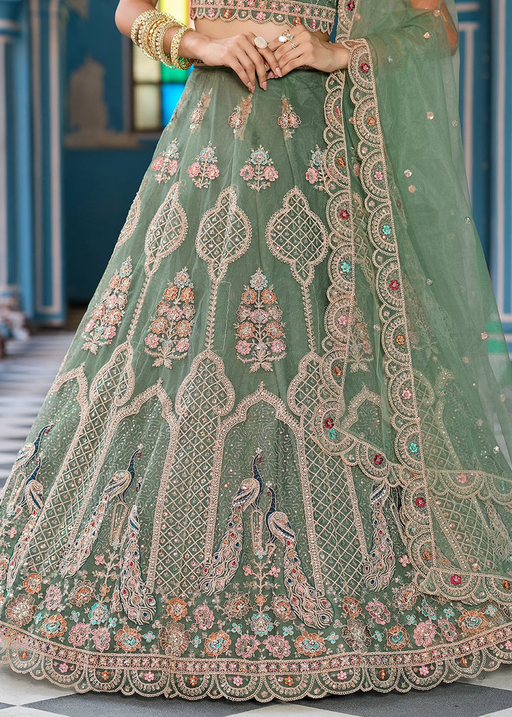 Pickle Green Embroidered Net Lehenga Choli with Sequins Work