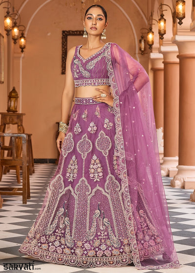 Medium Orchid Purple Embroidered Net Lehenga Choli with Sequins Work