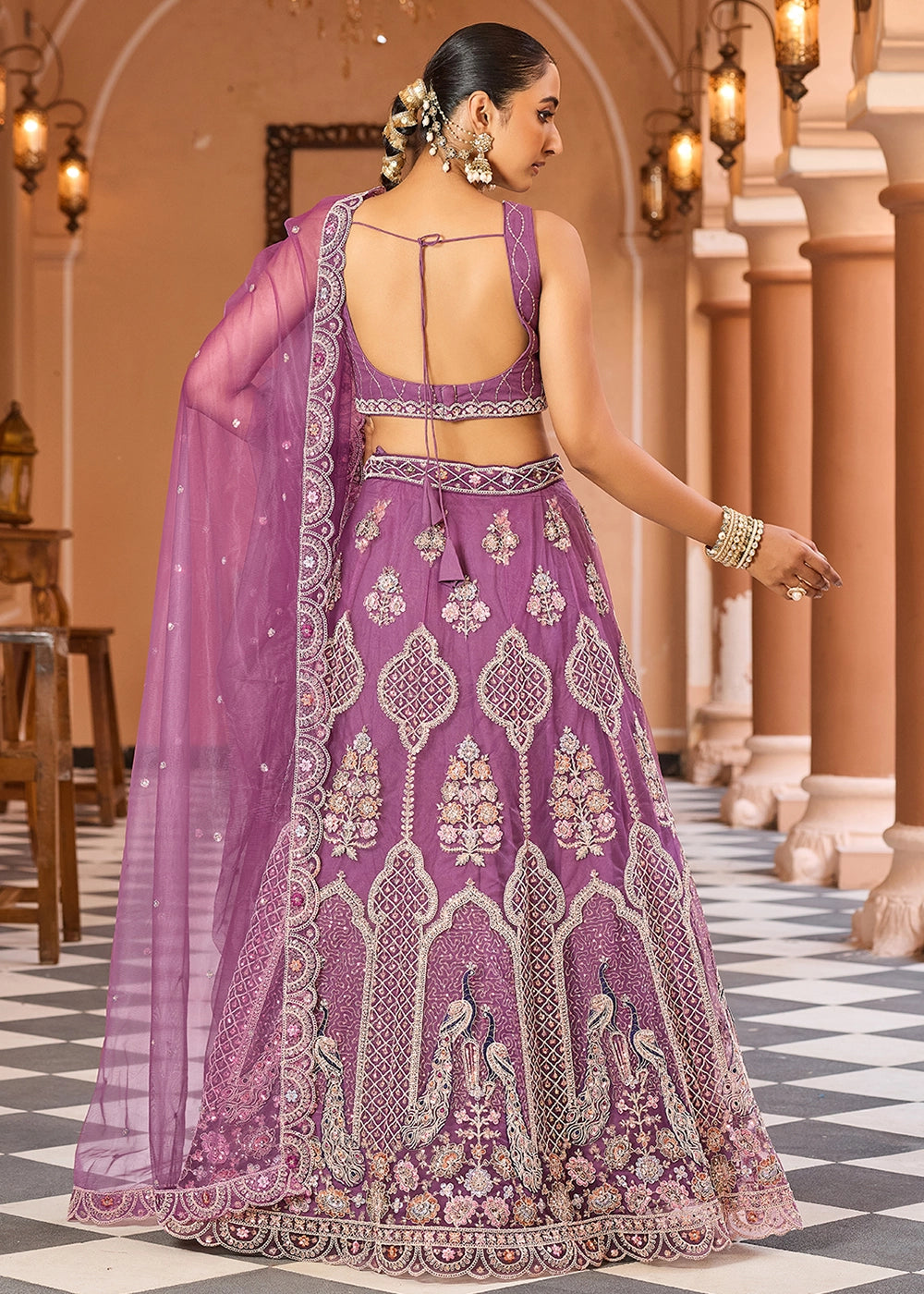 Medium Orchid Purple Embroidered Net Lehenga Choli with Sequins Work