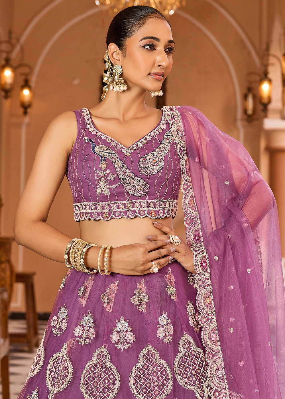 Medium Orchid Purple Embroidered Net Lehenga Choli with Sequins Work