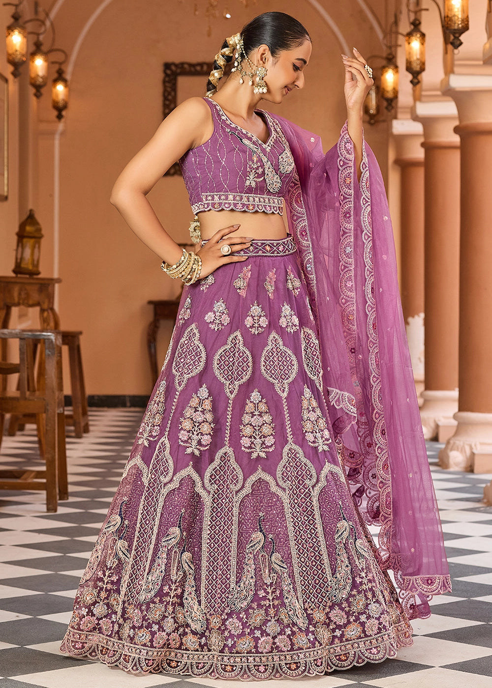 Medium Orchid Purple Embroidered Net Lehenga Choli with Sequins Work