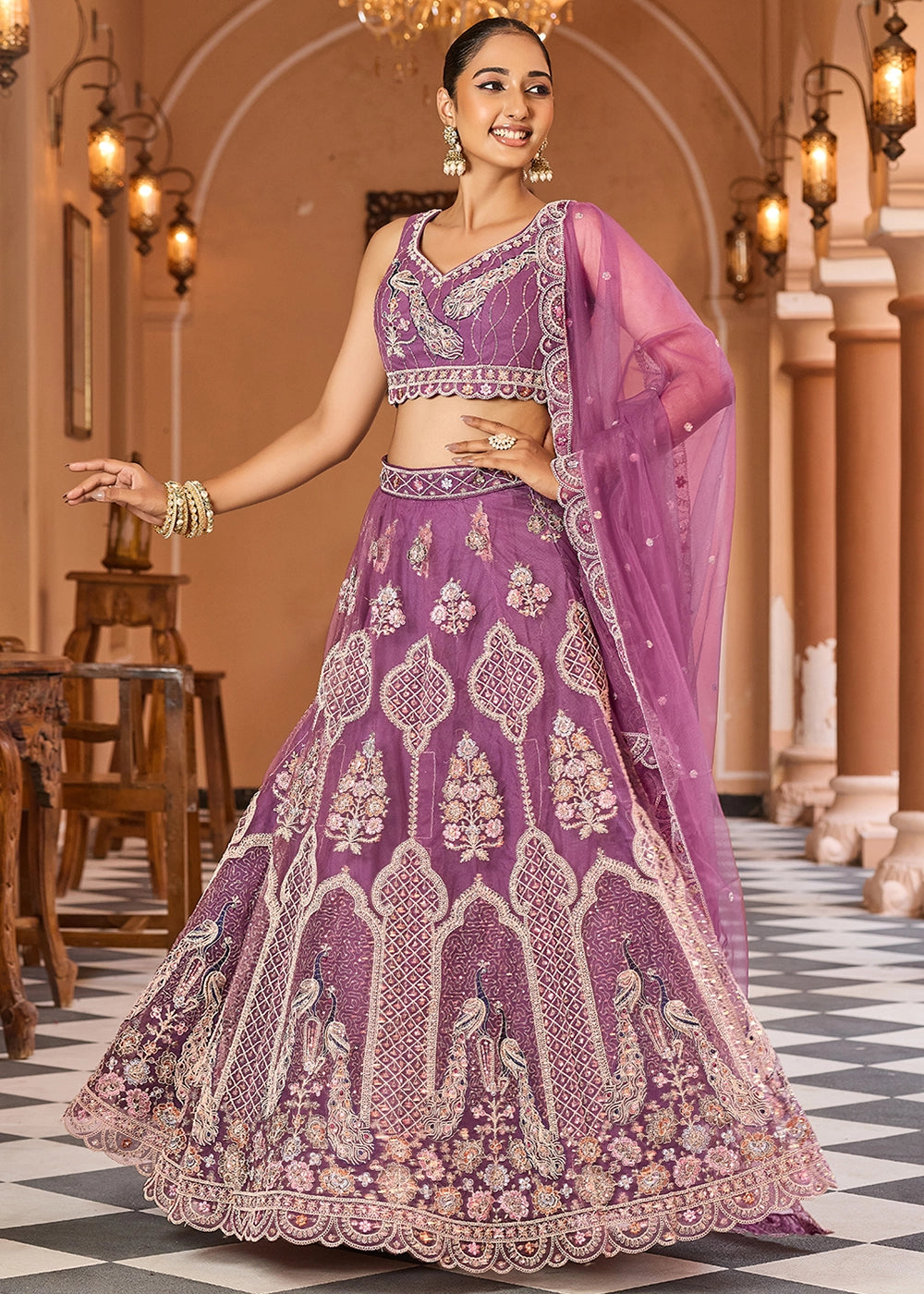 Medium Orchid Purple Embroidered Net Lehenga Choli with Sequins Work