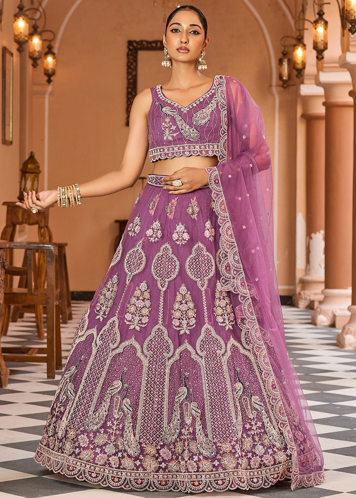 Medium Orchid Purple Embroidered Net Lehenga Choli with Sequins Work