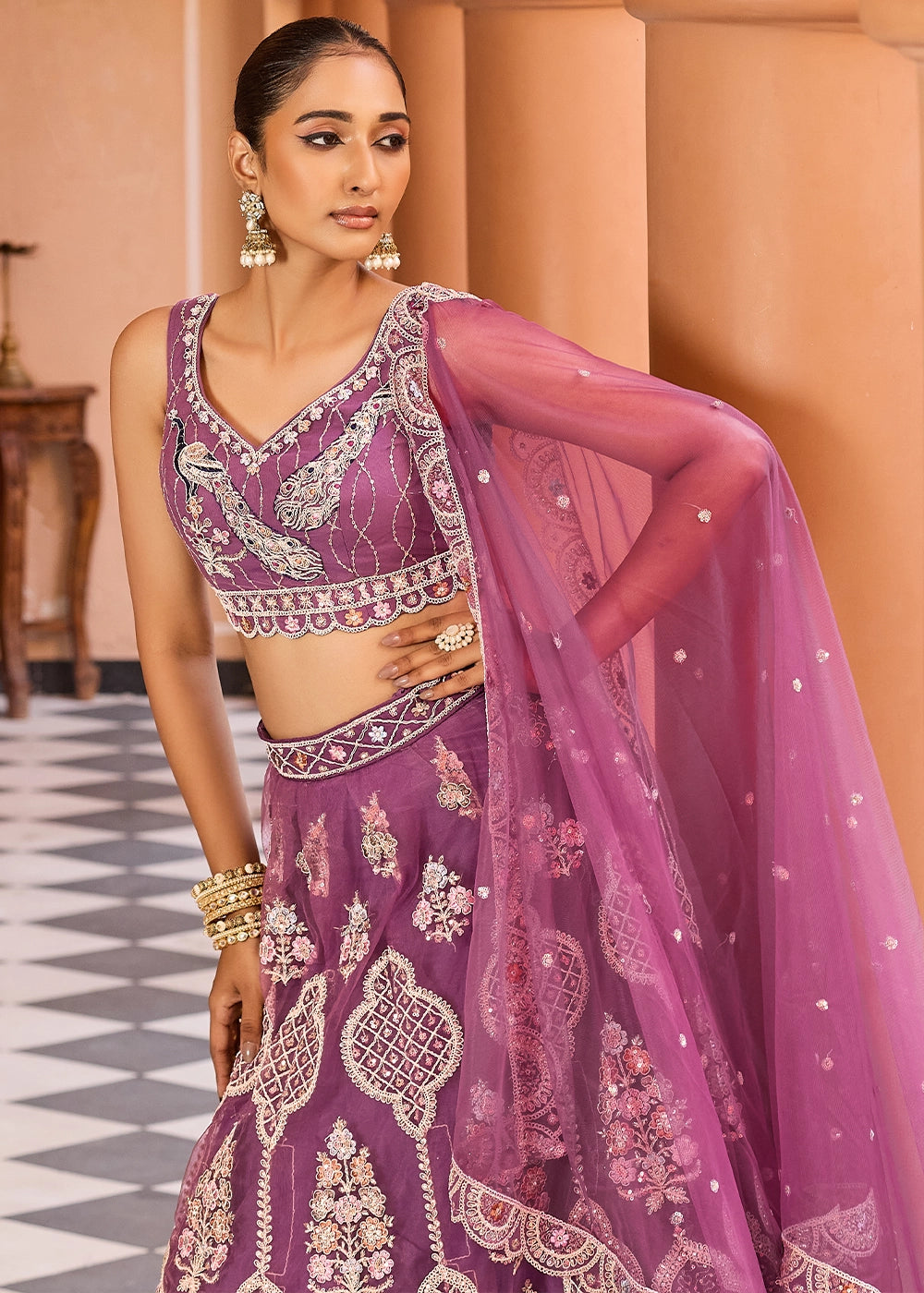 Medium Orchid Purple Embroidered Net Lehenga Choli with Sequins Work