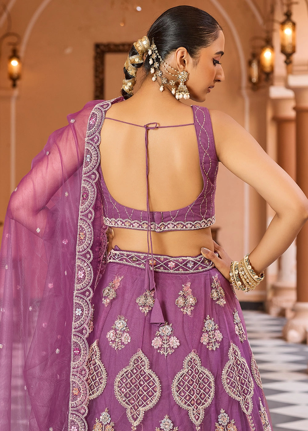 Medium Orchid Purple Embroidered Net Lehenga Choli with Sequins Work