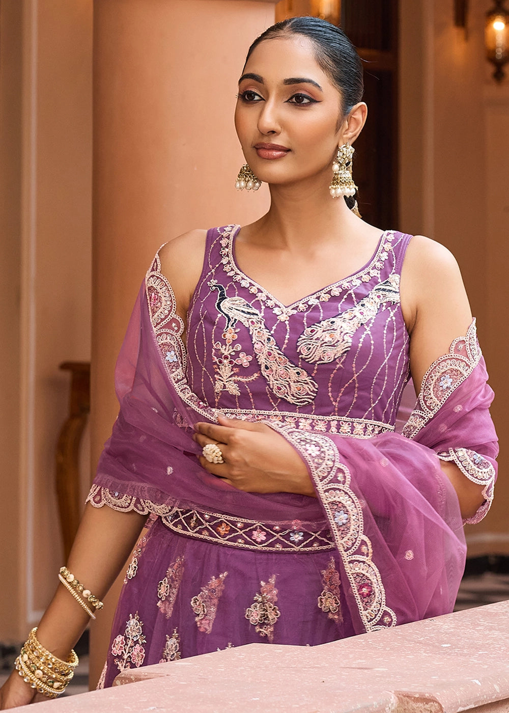 Medium Orchid Purple Embroidered Net Lehenga Choli with Sequins Work