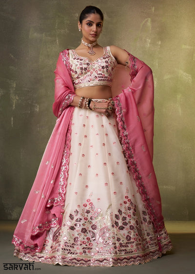 Cream White Organza Lehenga Choli with Thread and Sequin Detailing
