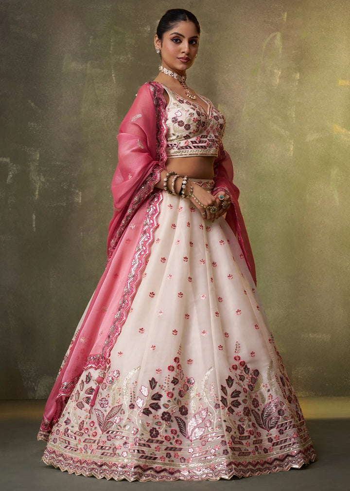 Cream White Organza Lehenga Choli with Thread and Sequin Detailing