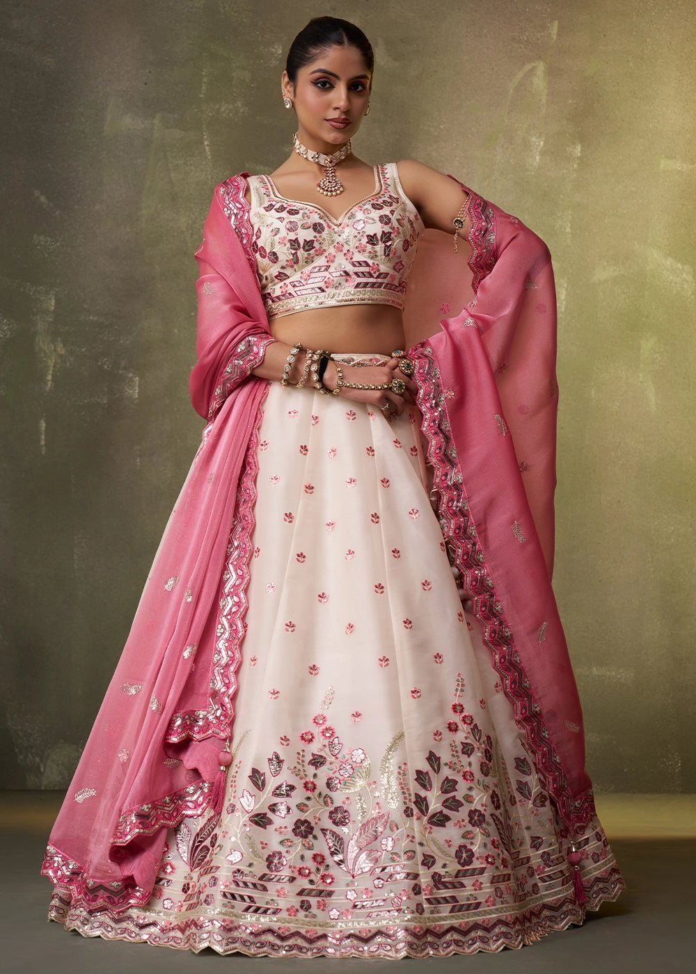 Cream White Organza Lehenga Choli with Thread and Sequin Detailing