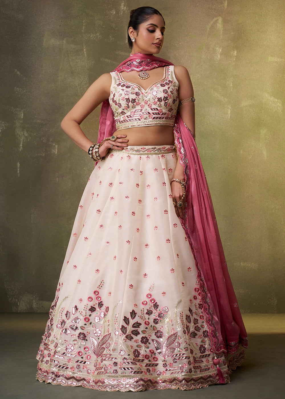 Cream White Organza Lehenga Choli with Thread and Sequin Detailing