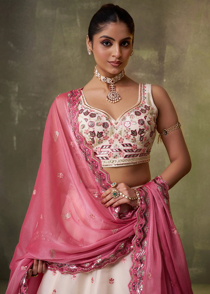 Cream White Organza Lehenga Choli with Thread and Sequin Detailing